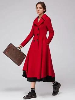 Manteau évasé en laine verte à double boutonnage à revers larges vêtements d'extérieur d'hiver A-line Midi 2026