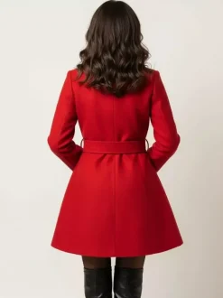 Manteau évasé rouge en laine mélangée avec ceinture pour femme 2026
