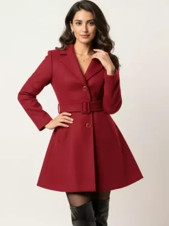 Manteau évasé rouge en laine mélangée avec ceinture pour femme 2026