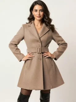 Manteau évasé rouge en laine mélangée avec ceinture pour femme 2026