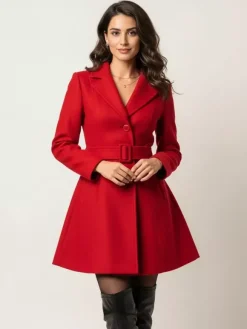 Manteau évasé rouge en laine mélangée avec ceinture pour femme 2026