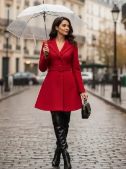 Manteau évasé rouge en laine mélangée avec ceinture pour femme 2026