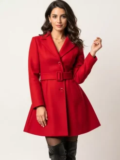 Manteau évasé rouge en laine mélangée avec ceinture pour femme 2026