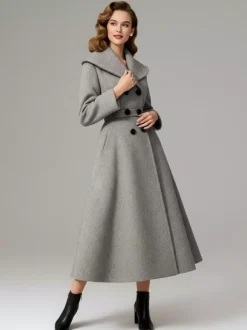 Manteau vintage croisé en laine coupe trapèze col châle pour femme (collection 2026)