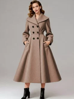 Manteau vintage croisé en laine coupe trapèze col châle pour femme (collection 2026)