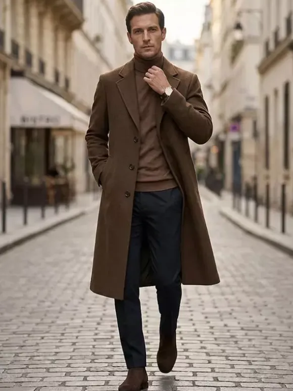 Manteaux Costume Long Pour Hommes Col Rabattu Décontracté Bleu Foncé