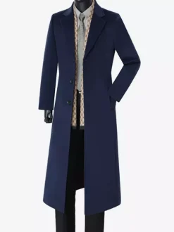 Manteaux Costume Long Pour Hommes Col Rabattu Décontracté Bleu Foncé