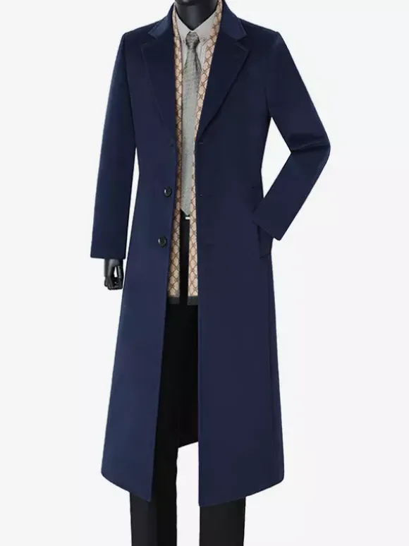 Manteaux Costume Long Pour Hommes Col Rabattu Décontracté Bleu Foncé