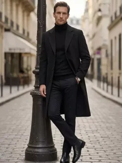Manteaux Costume Long Pour Hommes Col Rabattu Décontracté Bleu Foncé