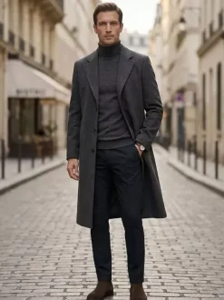 Manteaux Costume Long Pour Hommes Col Rabattu Décontracté Bleu Foncé