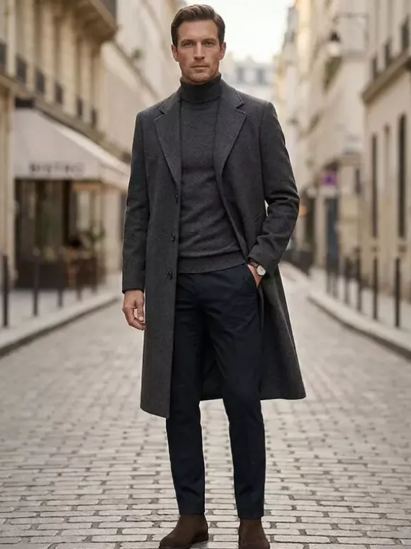 Manteaux Costume Long Pour Hommes Col Rabattu Décontracté Bleu Foncé