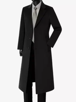 Manteaux Costume Long Pour Hommes Col Rabattu Décontracté Bleu Foncé
