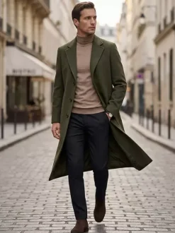 Manteaux Costume Long Pour Hommes Col Rabattu Décontracté Bleu Foncé