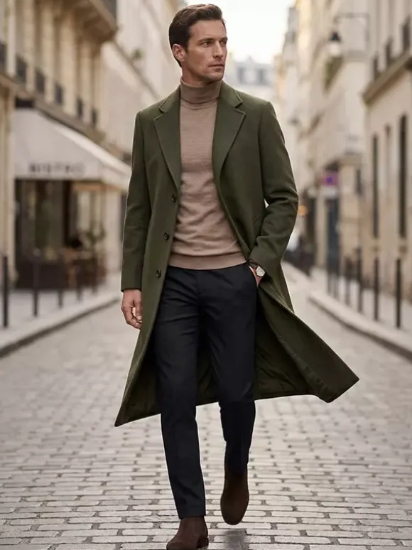 Manteaux Costume Long Pour Hommes Col Rabattu Décontracté Bleu Foncé