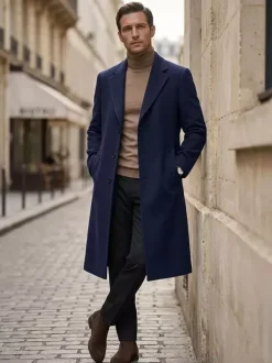 Manteaux Costume Long Pour Hommes Col Rabattu Décontracté Bleu Foncé