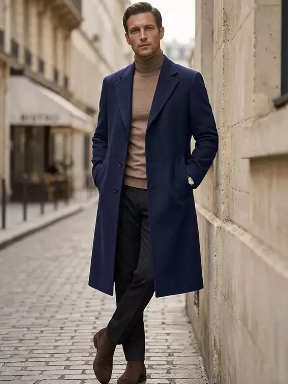 Manteaux Costume Long Pour Hommes Col Rabattu Décontracté Bleu Foncé