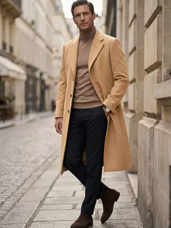 Manteaux Costume Long Pour Hommes Col Rabattu Décontracté Bleu Foncé
