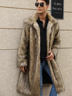 Manteaux En Fausse Fourrure Hiver Chaud Hommes Gris Clair Veste Manches Longues Col Rabattu