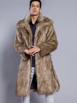 Manteaux En Fausse Fourrure Hiver Chaud Hommes Gris Clair Veste Manches Longues Col Rabattu