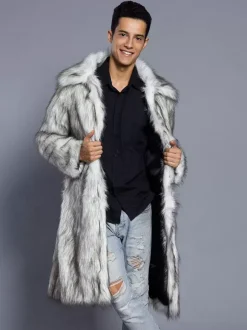Manteaux En Fausse Fourrure Hiver Chaud Hommes Gris Clair Veste Manches Longues Col Rabattu