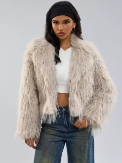 Manteaux en fausse fourrure Abricot Manches longues Veste en fausse fourrure Manteau d'hiver
