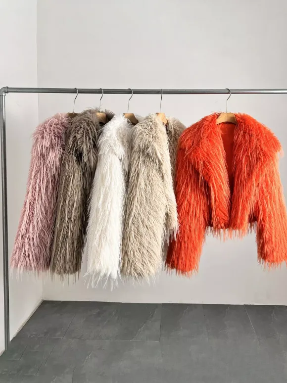 Manteaux en fausse fourrure Abricot Manches longues Veste en fausse fourrure Manteau d'hiver