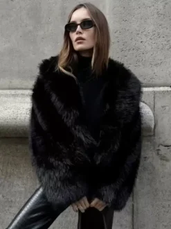 Manteaux en fausse fourrure Noir Taille relevée Manches longues Veste en fausse fourrure Manteau d'hiver