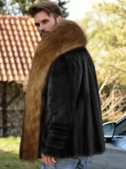 Manteaux En Fausse Fourrure Noir Hiver Chaud Hommes Veste Manches Longues Col Rabattu Épais