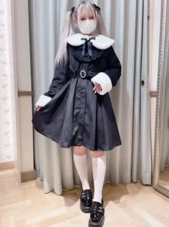 Manteaux gothiques Lolita Manteau noir Volants N艙uds Pardessus Polyester Automne Lolita Vêtements d'extérieur