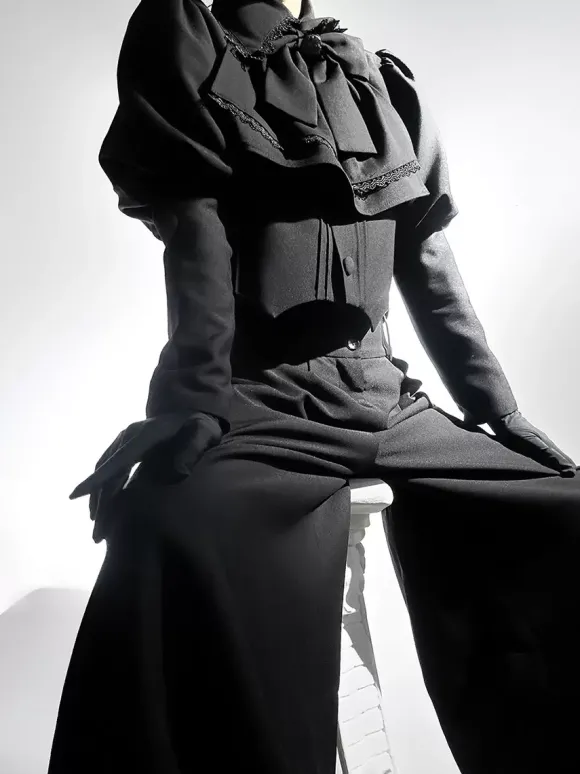 Manteaux gothiques Lolita Manteau noir N艙uds Dentelle Volants Pardessus Polyester Automne Lolita Vêtements d'extérieur