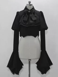 Manteaux gothiques Lolita Manteau noir N艙uds Dentelle Volants Pardessus Polyester Automne Lolita Vêtements d'extérieur