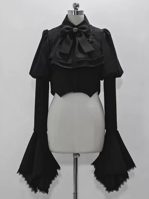 Manteaux gothiques Lolita Manteau noir N艙uds Dentelle Volants Pardessus Polyester Automne Lolita Vêtements d'extérieur