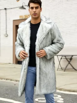 Manteaux Long En Fausse Fourrure Hiver Chaud Hommes Gris Clair Veste Manches Longues Col Rabattu