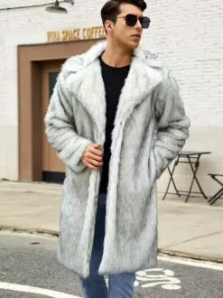 Manteaux Long En Fausse Fourrure Hiver Chaud Hommes Gris Clair Veste Manches Longues Col Rabattu