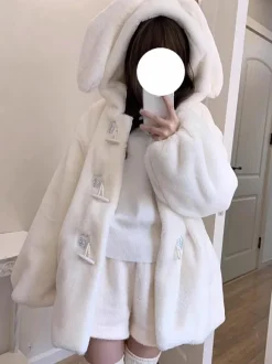 Manteaux Mignonne Lolita Beige Veste Court Polaire Lolita À Capuche Lapin