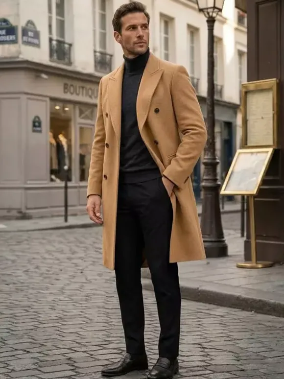 Manteaux Costume pour hommes Double boutonnage Col rabattu Décontracté Noir Moderne