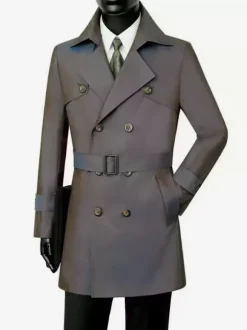 Manteaux Costume Pour Hommes Double Boutonnage Ceinture Col Rabattu Chic Gris