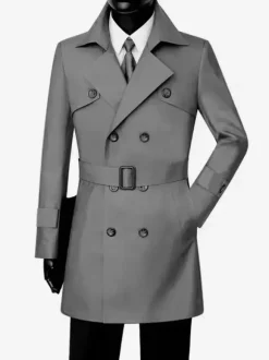 Manteaux Costume Pour Hommes Double Boutonnage Ceinture Col Rabattu Chic Gris