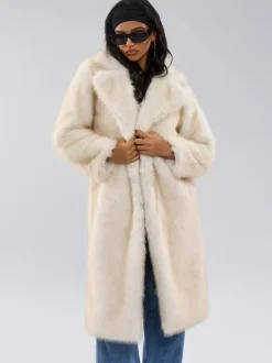 Manteaux en fausse fourrure blanche à revers crantés Veste longue d'hiver surdimensionnée pour femmes 2026