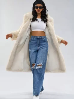 Manteaux en fausse fourrure blanche à revers crantés Veste longue d'hiver surdimensionnée pour femmes 2026