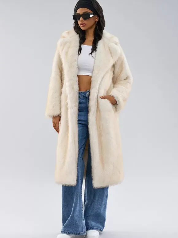 Manteaux en fausse fourrure blanche à revers crantés Veste longue d'hiver surdimensionnée pour femmes 2026