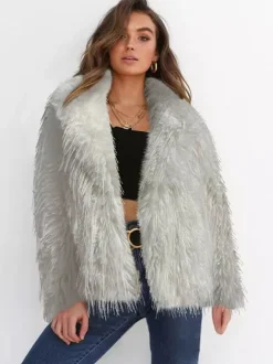 Manteaux en fausse fourrure à franges revers crantés veste d'hiver écologique pour femmes 2026