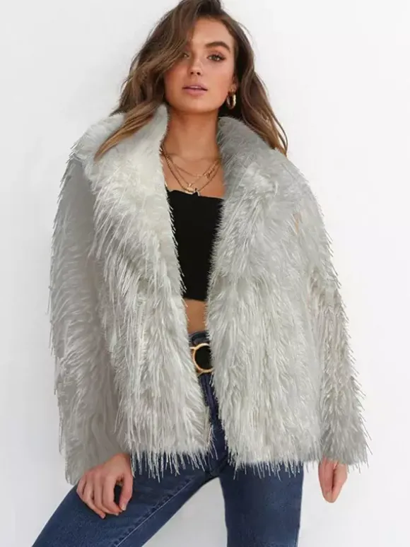 Manteaux en fausse fourrure à franges revers crantés veste d'hiver écologique pour femmes 2026