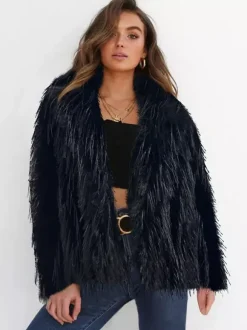 Manteaux en fausse fourrure à franges revers crantés veste d'hiver écologique pour femmes 2026