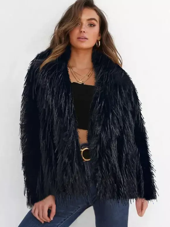 Manteaux en fausse fourrure à franges revers crantés veste d'hiver écologique pour femmes 2026