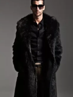 Manteaux En Fausse Fourrure Hiver Chaud Hommes Noir Chic Veste Manches Longues Col Rabattu