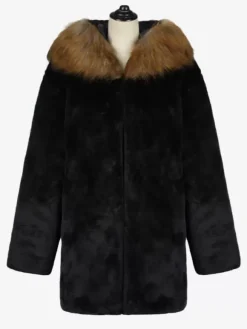 Manteaux En Fausse Fourrure Noir Hiver Chaud Hommes Veste Manches Longues Col Rabattu Capuche