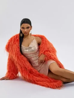 Manteaux en fausse fourrure orange sans taille manches longues manteau surdimensionné pour femme