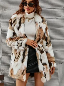 Manteaux Fourré Polaire Veste Femme Bicolore À Manches Longues Marron Café