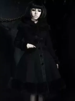 Manteaux gothiques Lolita Manteau noir Pompons Pardessus Polyester Automne Lolita Vêtements d'extérieur
